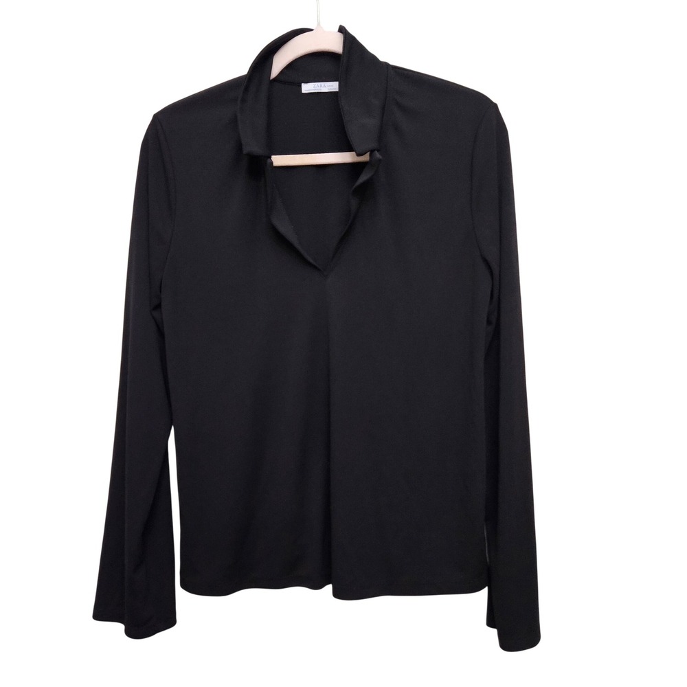 Zara Basic Blouse Womens Small Black V-Neck Collared Long Sleeve Minimalist‎ Top